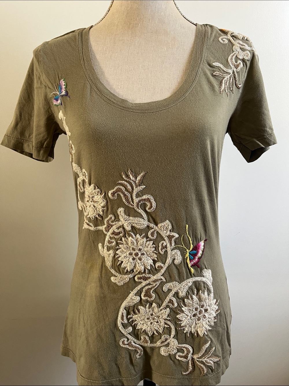JWLA Olive Green Embroidered Top with Colorful Butterfly Accent